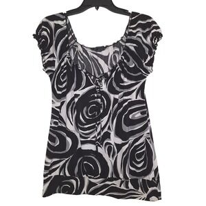 Y2K Whimsigoth Women Black White Grey Abstract Swirl Scoop Neck Tie Blouse Top